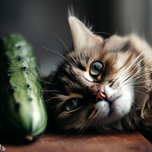 Cat lying next to cucumber